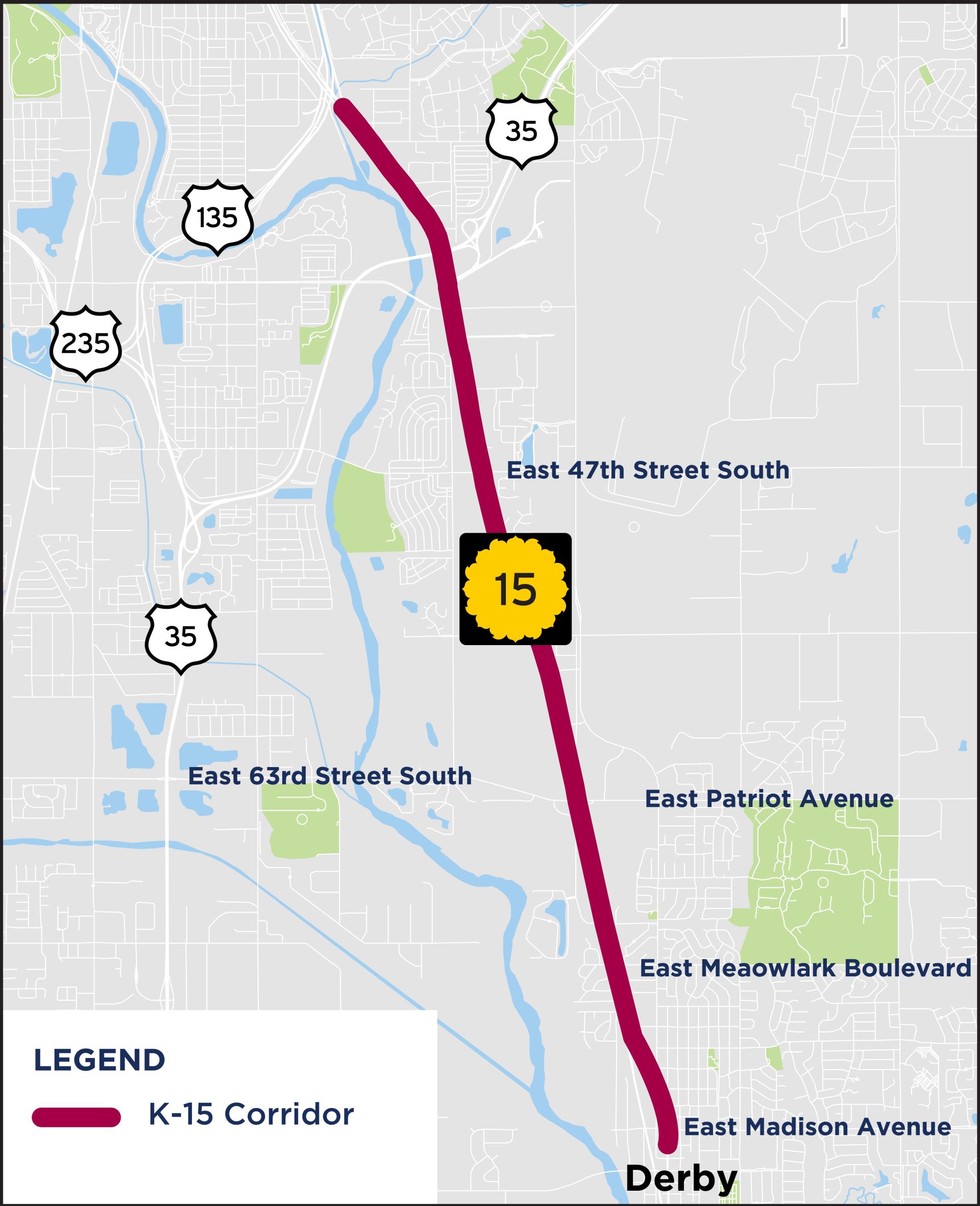 Illustrated map of K-15 Corridor highlighting just south of 135 to just north of Derby, Kansas