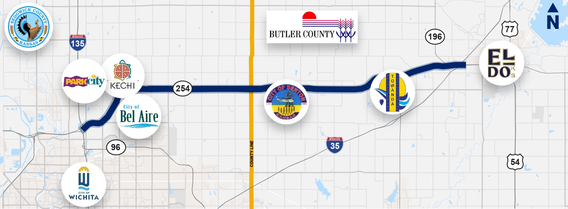 Map of K-254 Corridor highlighting that the corridor is within Sedgwick, County and across the cities of Wichita, Park City, Kechi, Bel Aire, Benton, Towanda and El Dorado, Kansas