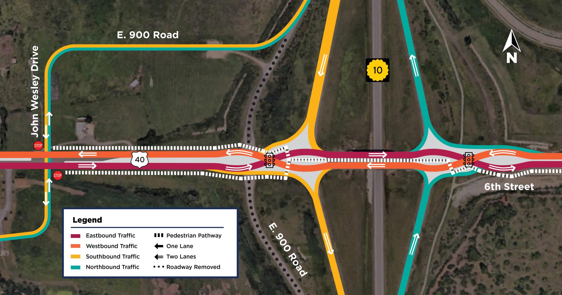 U.S. 40 and K- 10 West Lawrence Diverging Diamond Intersection Traffic Pattern