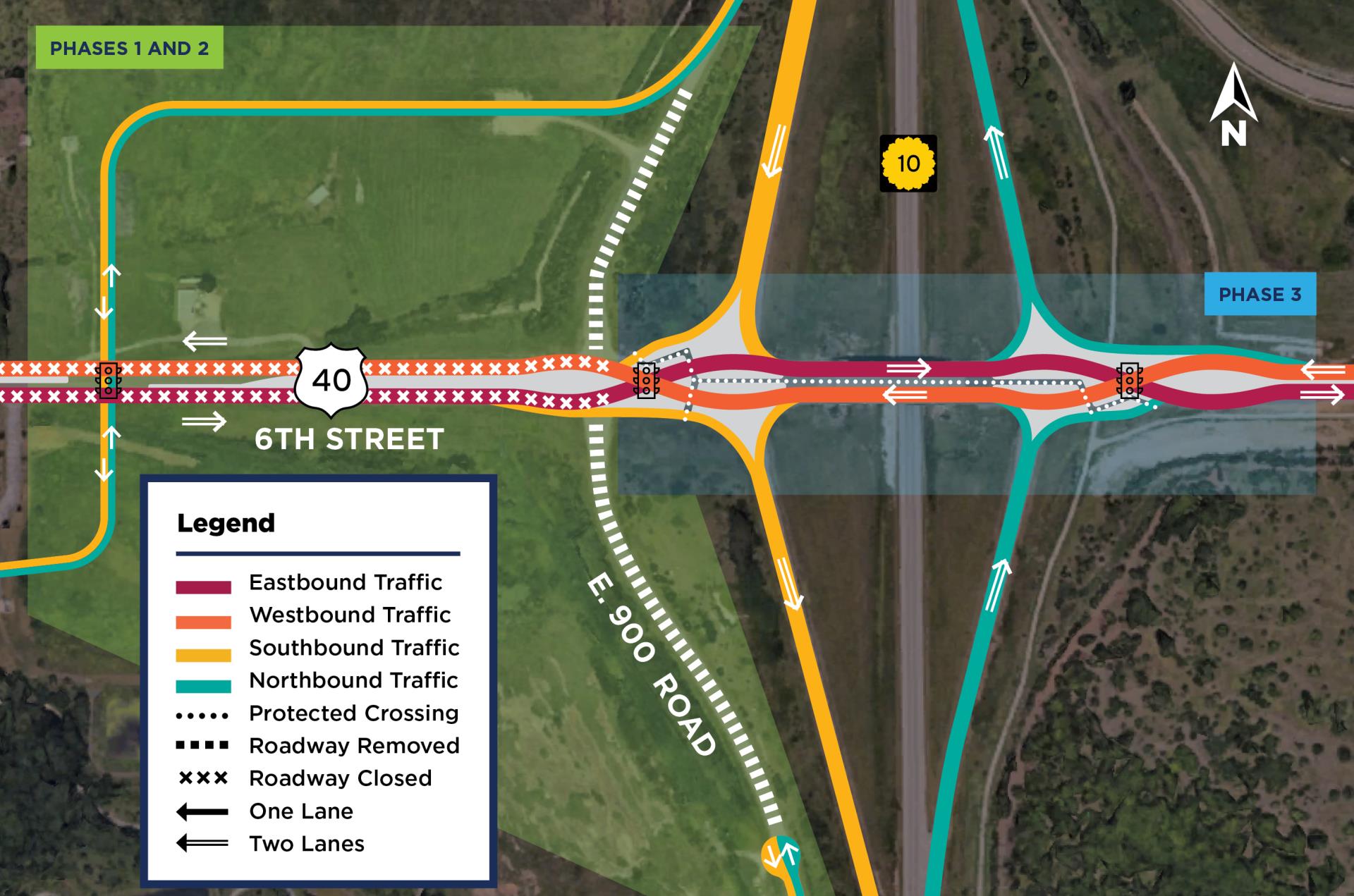 U.S. 40 and K- 10 West Lawrence Diverging Diamond Intersection Phasing Map