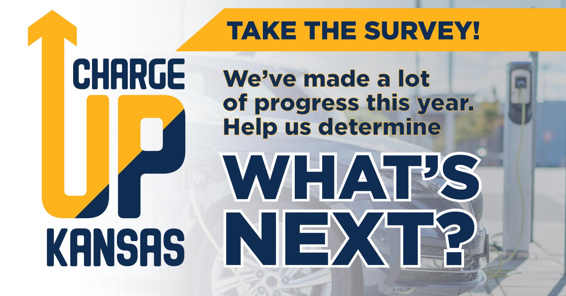 Text over electric vehicle promoting the charge up kansas survey