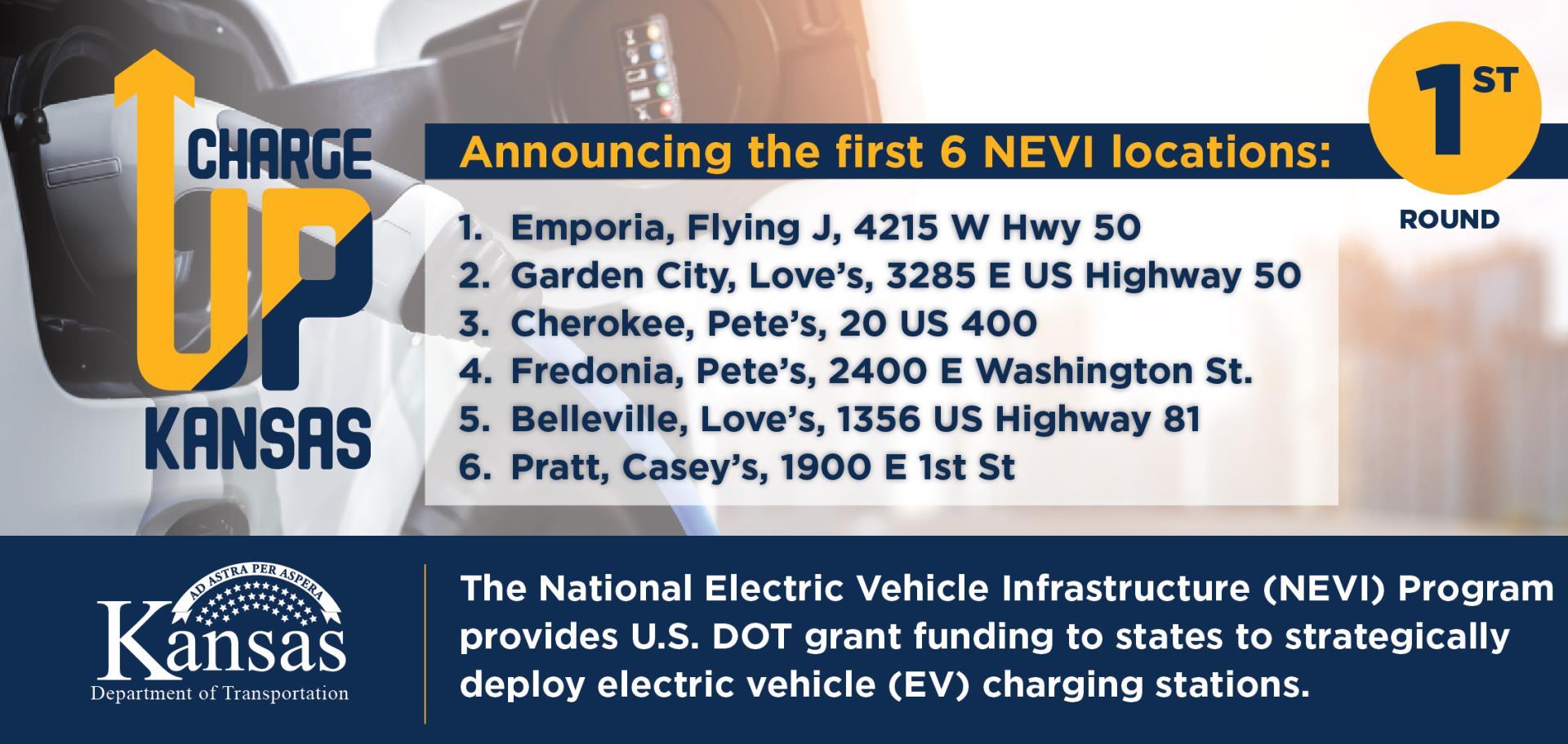 Six new NEVI locations in Emporia, Garden City, Cherokee, Fredonia, Belleville and Pratt