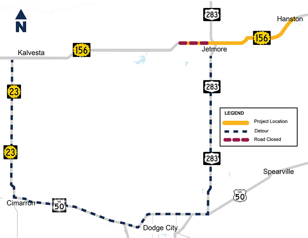 Map showing detour for K-156 project between Jetmore and Hanston